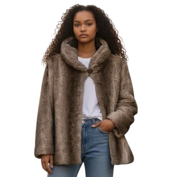 Dennis Basso Faux Fur Jacket Size Large Light Brown Faux Fur Coat with Hood - Picture 13 of 13